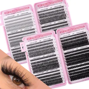 DIY eyelash extension kit featuring various cluster densities from 10D to 100D in pink boxes