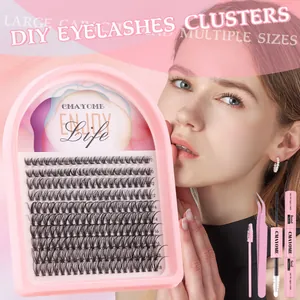 DIY cluster eyelash extension kit with glue, tweezers, and brush in 10-18mm lengths