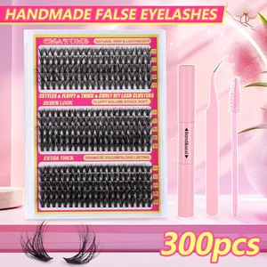 DIY individual eyelash extension kit with 300 cluster lashes and pink application tools