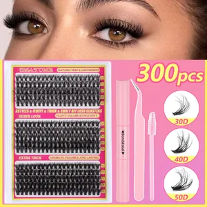 DIY cluster lashes set including 300pcs mixed 10-18mm length, bond, seal, and pink tweezers