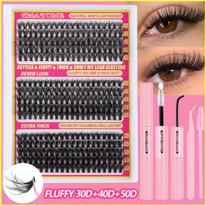 DIY cluster eyelash extension kit with 30D/40D/50D curls, tweezers, bond and seal