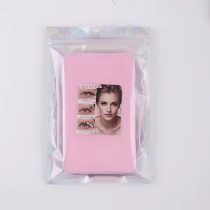 Detailed step-by-step application instructions for lash extensions on pink storage box