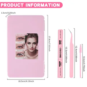 Professional eyelash extension kit with glue tweezers and storage box dimensions shown