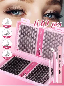 Macro-opname van 640 clusters DIY-wimperset 30D/40D met pincet en dubbelzijdige wimperlijm