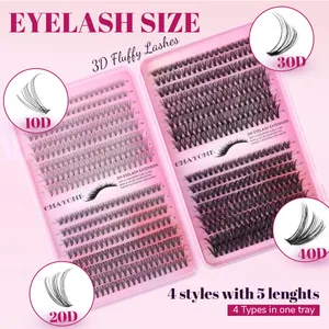 Detailoverzicht van DIY individuele wimperclusters met 10D tot 40D volume maten