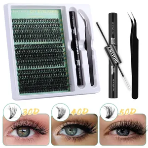 DIY Cluster Lashes kit with 30D/40D/50D mixed lashes, bond seal glue, and tweezers