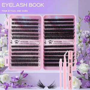 DIY eyelash extension kit featuring pink tweezers, bond and seal glue, and mixed size lashes