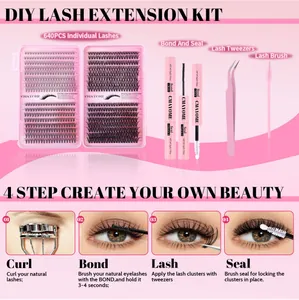 DIY wimperverlengingsset met 640 clusters, bond en seal lijm en een roze pincet voor styling