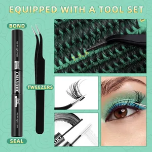 DIY eyelash extension kit with Bond & Seal glue, tweezers, and high volume cluster lashes