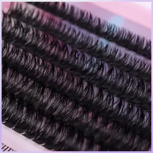 Macro shot of 3D multi-layered dense curly individual cluster false eyelashes