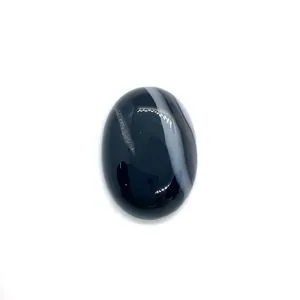 Close-up of polished oval black agate stone with natural white striped patterns