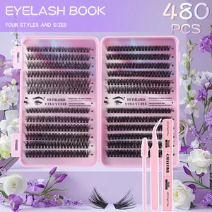 DIY 480pcs cluster lashes kit with glue and tweezers in pink lash book packaging