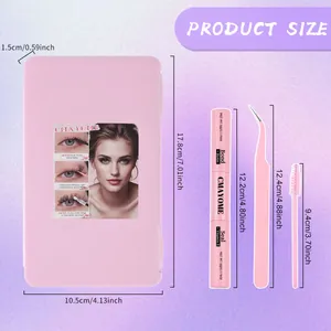 DIY cluster eyelash extension kit with glue, tweezers, and brush in a pink storage box