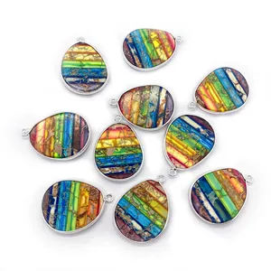 Set of 10 colorful teardrop imperial stone pendants with silver metal plating