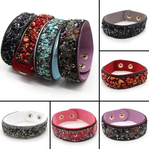 Bohemian Natural Crushed Stone Inlaid Leather Wide Bracelet For Women Vintage Ethnic Metal Chain Wrap Bangle Bracelet Adjustable Snap Jewelry
