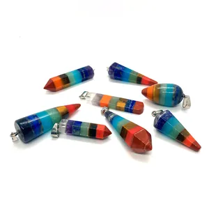 Set of natural chakra stone pendants in hexagonal pillar and teardrop shapes with metal bails