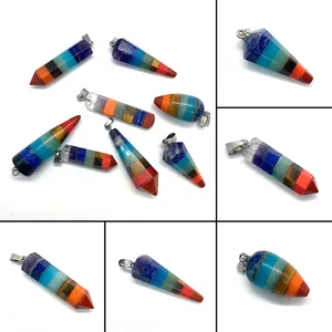 Natural Stone 7 Chakra Hexagonal Pillar Point Pendant Crystal Amethyst Reiki Healing Bullet Charm For DIY Jewelry Making