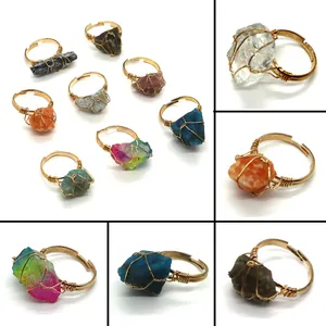 Anillo Envuelto en Alambre de Cobre con Cristal de Piedra Natural Piedra Bruta Irregular Hecho a Mano Anillo Ajustable Joyería Boho Regalo Mujer Hombre