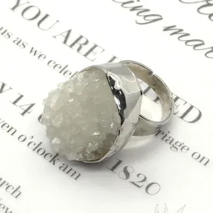 Irregular natural white crystal druzy ring with silver hammered adjustable band