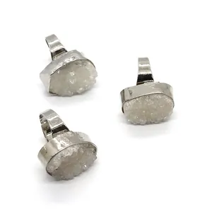 Three-piece set of natural white druzy crystal rings with adjustable silver bands
