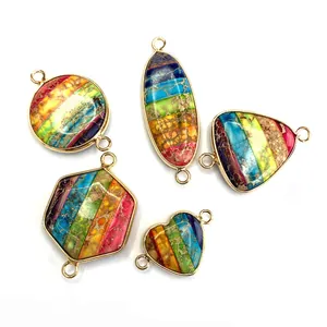 Rainbow natural stone connectors in geometric shapes with gold metal borders for DIY jewelry