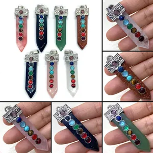 Naturstein Sieben Chakra Sechseckige Säule Anhänger Kristall Heilung Schwertform DIY Schmuckherstellung Zubehör Für Halskette