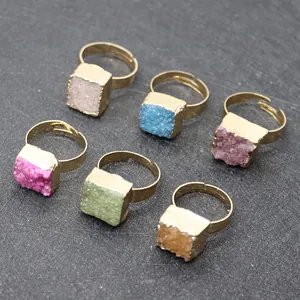 Bague Réglable Vintage en Pierre Druzy Carrée pour Femme Plaqué Or Cristal Naturel Style Ethnique Bijoux de Doigt