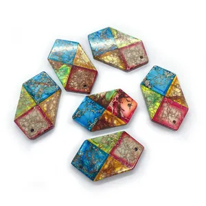 Set of six hexagonal multi-colored natural stone pendants with turquoise marble texture