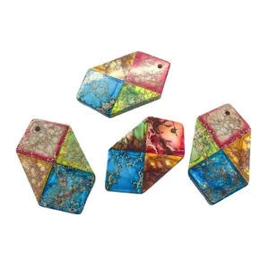 Set of four hexagonal natural stone pendants with colorful marble patterns for DIY jewelry