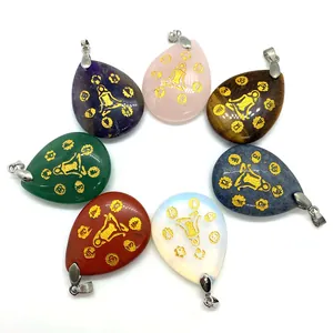 7-piece natural stone teardrop pendants set with gold yoga meditation symbols