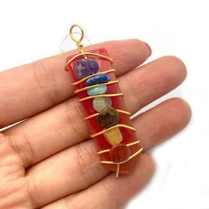 Pendentif en pierre d'oeil de tigre et chakra avec fil de fer enveloppé d'or rose