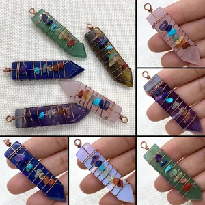 Colgante de Columna Hexagonal de Piedra Natural Sin Cadena Envuelto a Mano Siete Chakras Piedras Curativas Reiki