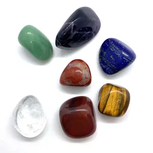 Set of 7 polished natural healing stones including Tiger Eye and Lapis Lazuli gemstones