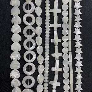 Natural Mother Of Artificial Pearl Shell Loose Beads Iridescent White Carved Heart Star Waterdrop Leaf Cross Beads For DIY Jewelry Making