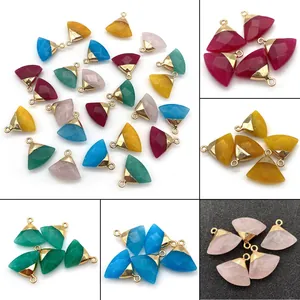 Fan Shaped Natural Stone Pendants With Gold Plated Bail Multi Color Gemstone Charms For DIY Necklace Earrings Making