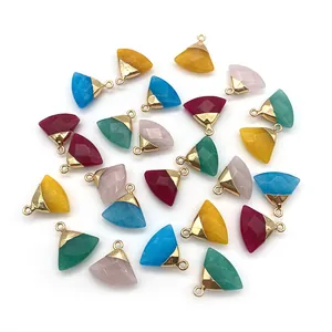 Faceted geometric natural stone fan-shaped pendants with polished gold metal caps