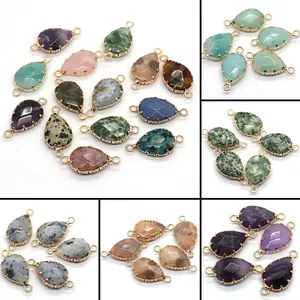 Natuursteen Druppelvorm Sieraden Connectoren Vergulde Legering Gefacetteerde Kristal Amethist Rozenkwarts Hangers Voor DIY Sieraden Maken Accessoires