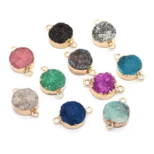 Natural druzy crystal round connector pendants with gold plating for jewelry making
