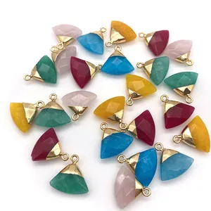 Faceted natural stone fan pendants with gold metal edge for DIY jewelry making