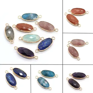 Naturstein Facettiert Oval Anhänger Verbinder Goldfarben Legierung Rand Doppelöse Für DIY Armband Halskette Schmuckzubehör