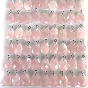 Pendentifs gouttes en quartz rose facetté avec boucles argentées pour bijoux DIY