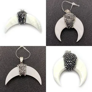 Ciondolo a Luna in Conchiglia Naturale Con Strass Intarsiato Madreperla Bianca Per Creazione Gioielli Fai Da Te Accessori