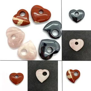 Pendentif Coeur en Pierre Naturelle Quartz Rose Jaspe Rouge Onyx Noir Poli Accessoires de Création de Bijoux pour Collier Cadeau Femme
