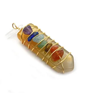 Detailansicht handgefertigter 7 Chakra Naturstein Kristall Anhänger mit Golddraht