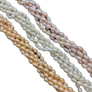Three-strand woven natural freshwater rice pearl necklace in white pink and champagne