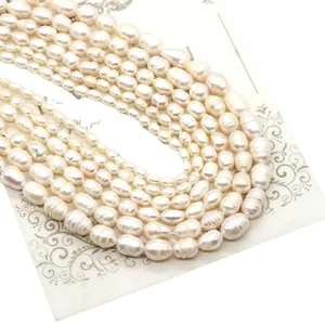 Natural white freshwater cultured rice pearls strands with organic ringed texture for DIY jewelry