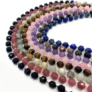 Faceted natural stone beads chain in lapis lazuli and tiger eye for DIY jewelry making