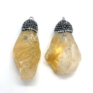 Pendentifs en citrine naturelle avec strass et capuchons en métal noir pour bijoux DIY