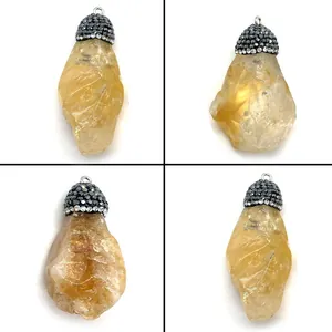 Pendentif en Pierre Brute de Citrine Naturelle Avec Calotte en Alliage de Strass Cristal Jaune Irrégulier pour Création de Bijoux