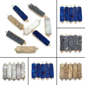 Natuursteen Druzy Kristal Rechthoekige Hanger Dubbel Gat Connector Verguld Koper Voor DIY Sieraden Maken Kettingen